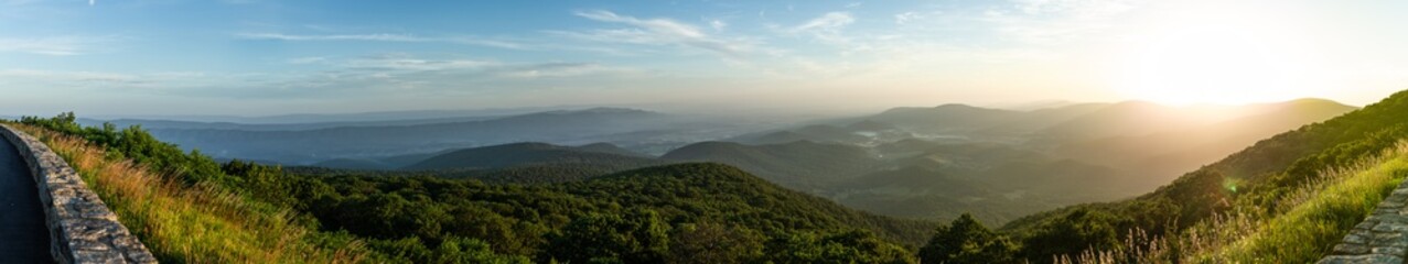 Panorama view of hills in nature with forest in Shenandoah at morning sunny day