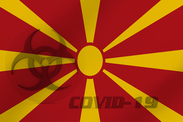 3D ILLUSTRATION VIRUS, BIOHAZARD SYMBOL CORONAVIRUS WITH Macedonia FLAG, Flu coronavirus floating, micro view, pandemic virus infection, asian flu.