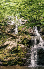 Fototapeta na wymiar Panorama view of small waterfall situated in nature, water faling over rock