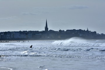 Big waves on the beach at Saint-Malo in Brittany. France