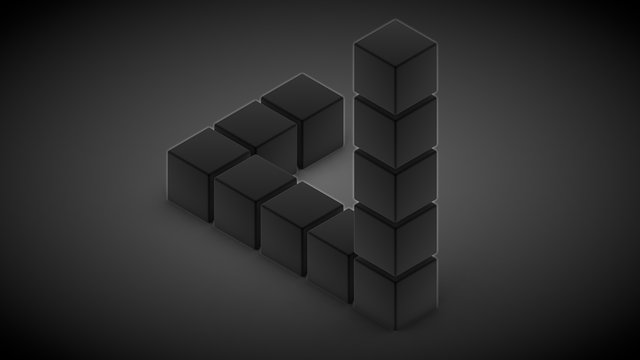 3D rendering of an impossible triangle of black cubes on a black surface. Abstract image for background, screen saver. One cube is missing. The idea of an unsolved riddle.
