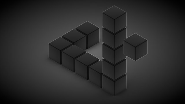 3D rendering of an impossible triangle of black cubes on a black surface. Abstract image for background, screen saver. One cube is missing. The idea of an unsolved riddle.