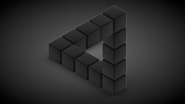 3D rendering of an impossible triangle made of black cubes. Monochrome image for background, screen saver. The idea of a mathematical and geometric puzzle, an optical illusion.