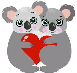 Cute couple of koalas holding a red heart