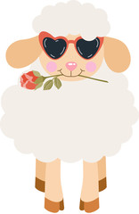 Funny lamb holding a rose with mouth