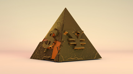 3D rendering of a Golden pyramid with currency symbols. Illustration of a financial pyramid, its unreliability and destruction. The idea of the global currency crisis. Abstract background.