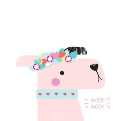 Funny pink dog with wreath of flower. Childish trendy graphic. Vector hand drawn illustration.