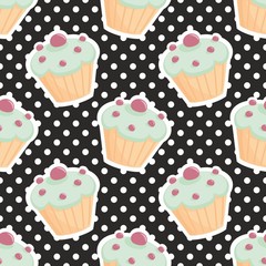 Tile vector pattern with cupcakes and polka dots on black background