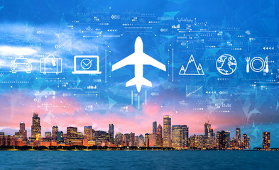 Flight ticket booking concept with downtown Chicago cityscape skyline with Lake Michigan