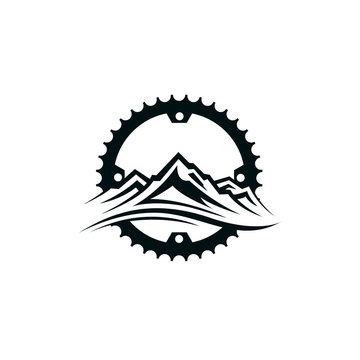 emblem of mountain bike and gear isolated on white background