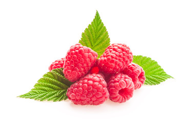 Ripe red raspberry c green leaf isolated on white background