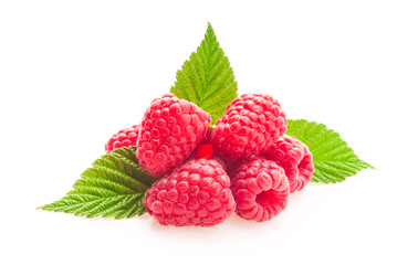 Ripe red raspberry c green leaf isolated on white background