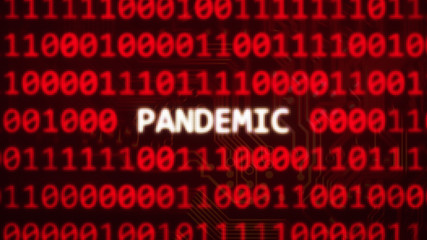 Pandemic word text on random binary code red screen series 3D render	