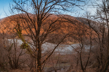 Amazing view with colorful autumn forest with asphalt mountain road at sunset. Beautiful landscape with empty road, trees and sunlight in the evening in autumn. Travel background. Nature