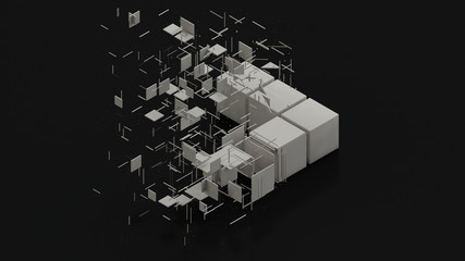 3D rendering of an abstract background with geometry elements. White cubes and segments, polygons are arranged in the construction of an impossible triangle. Abstract background, futuristic design.
