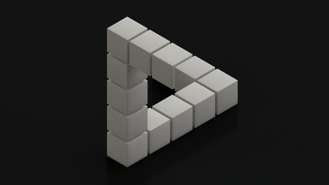 3D rendering of an impossible triangle of white cubes on a black surface. Monochrome image for background, screen saver. The idea of a mathematical and geometric puzzle, an optical illusion.