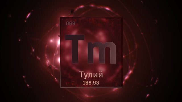 Thulium as Element 69 of the Periodic Table. Seamlessly looping 3D animation on red illuminated atom design background orbiting electrons name, atomic weight element number in russian language