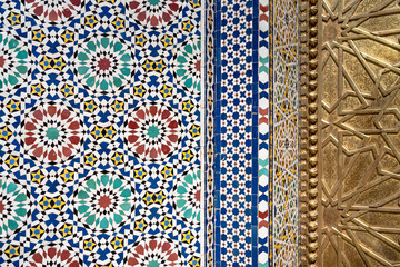 Moroccan traditional mosaic. Tile work in the Royale Palace of Fes, Morocco. 