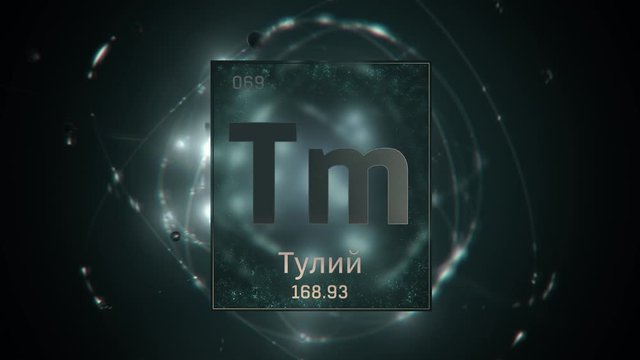 Thulium as Element 69 of the Periodic Table. Seamlessly looping 3D animation on green illuminated atom design background orbiting electrons name, atomic weight element number in russian language