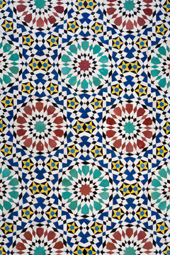 Moroccan traditional mosaic. Tile work in the Royale Palace of Fes, Morocco. 