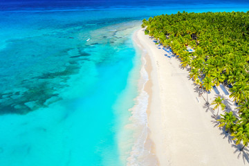 Aerial drone view of beautiful caribbean tropical island beach with palms. Saona, Dominican Republic. Vacation background.