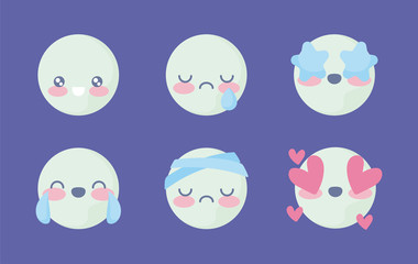 cute emojis set over purple background, colorful design