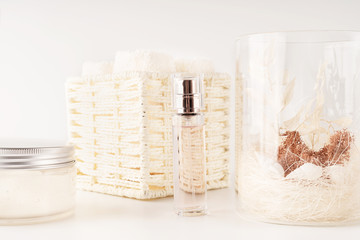 Aromatic bath and spa set on pastel background. Mockup for your design. Copy space. Close-up.