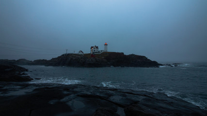 Fog Covered Lighthouse on the Coast of Maine - Aerial