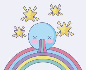 stars and cute emoji with rainbow over pink background