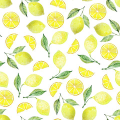 Lemon with leaves, lemon slice, half lemon slice in messy pattern on white background. Seamless watercolor illustration. Design for fabric, scrapbooking, packaging paper, wallpaper, wrap