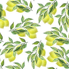 Branches with lemons pattern on white background. Seamless watercolor illustration. Design for fabric, scrapbooking, packaging paper, wallpaper, wrap