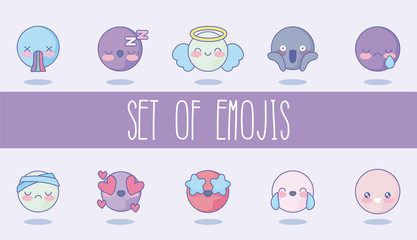 set of cute emojis over purple background