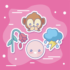 monkey and cute emojis icon set, colorful design