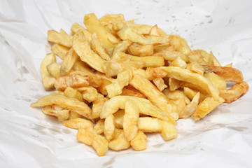 Deep fried potato chips from an English Fish and Chips Shop
