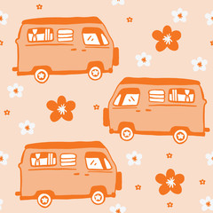 Orange Seamless Hand Drawn 70s Hippie Van Pattern. Bus and flower repeat pattern. Orange Background.