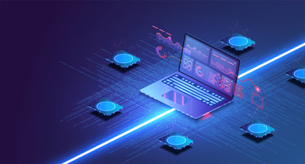 Online statistics and data Analytics. Digital money market, investment, finance and trading. Perfect for web design, banner and presentation.Isometric.Financial strategy and trend analysis on a laptop