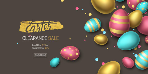 Elegant horizontal sale banner with confetti and 3D realistic golden, blue, pink eggs on dark background. Vector festive template with text Easter on foil brush stroke for flyer with special offers.