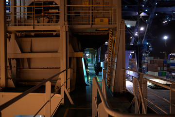 Container ship 's deck. Part of the vessel close-up.