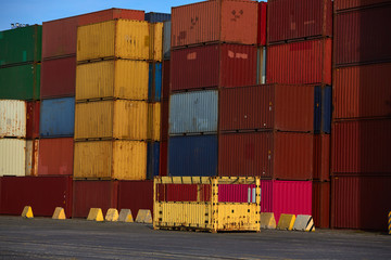 industrial port with containers. Container stacks at sea port container terminal