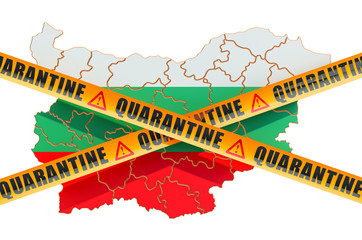 Quarantine in Bulgaria concept. Bulgarian map with caution barrier tapes, 3D rendering