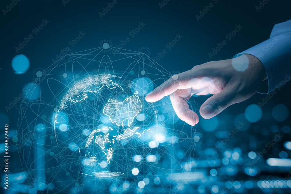 Aufkleber Businessman hand touching global network and data exchanges over the world 3D rendering