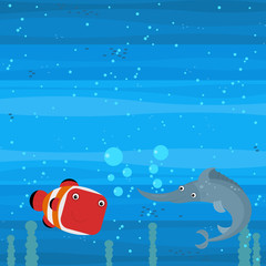 Happy cartoon underwater scene with swimming coral reef fishes illustration