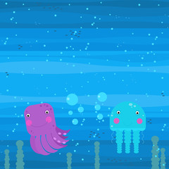 Happy cartoon underwater scene with swimming coral reef fishes illustration