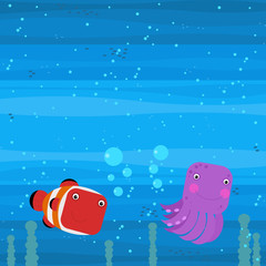 Happy cartoon underwater scene with swimming coral reef fishes illustration