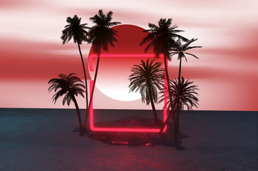 palm trees on the beach against the background of   neon lights concept of travel and beach parties