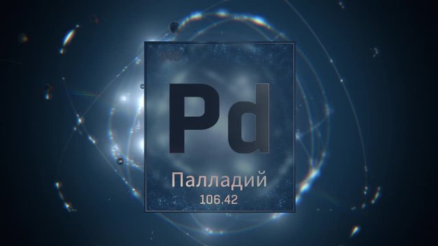 Palladium as Element 46 of the Periodic Table. Seamlessly looping 3D animation on blue illuminated atom design background orbiting electrons name, atomic weight element number in russian language