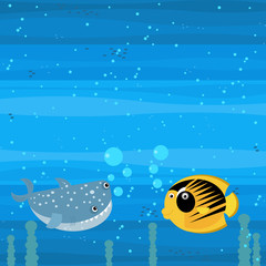 Happy cartoon underwater scene with swimming coral reef fishes illustration