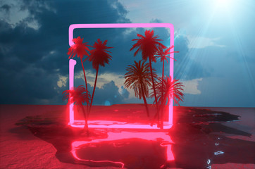 palm trees on the beach against the background of   neon lights concept of travel and beach parties