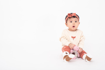 Adorable Asian baby girl is portrait on white background