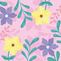 Fototapeta na wymiar Floral pink background with yellow and purple flowers and green leaves